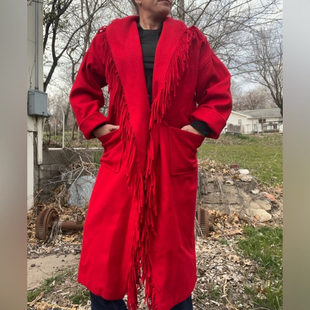 Vintage 80s Basile Red Wool Fringe Trench Coat Western Beyoncé Cowgirl